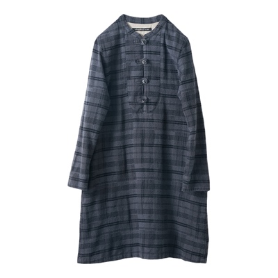 女式纯棉磨毛格子连衣裙日系立领