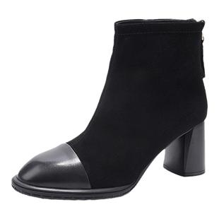 GNC高级感瘦瘦靴加绒时装靴女25冬新款粗高跟靴真皮时尚拼接短靴