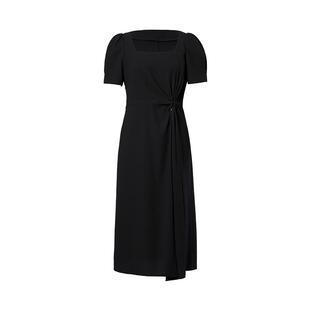 IAmMIX27夏季方领连衣裙女泡泡短袖轻薄醋纤侧开衩小黑裙女中长裙