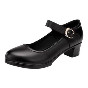 搭配旗袍的鞋子走秀低跟鞋女真皮单鞋夏季平底粗跟工作职业妈妈鞋