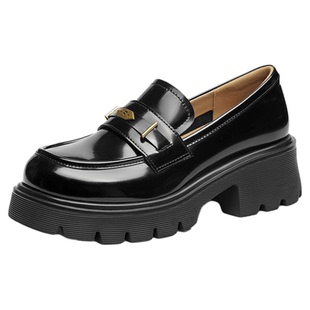 红蜻蜓Baby同款厚底乐福鞋女一脚蹬女鞋增高单鞋英伦风黑色小皮鞋