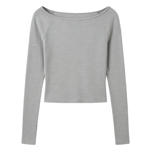 春季韩系穿搭斜肩短款辣妹露脐一字领长袖T恤女独特绝美小上衣服