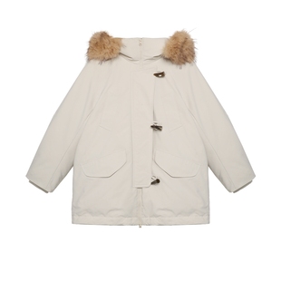 半圆原创女装[运动]2025秋冬宽松休闲派克毛领拼接连帽羽绒服女