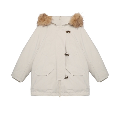 半圆原创女装[运动]2025秋冬宽松休闲派克毛领拼接连帽羽绒服女