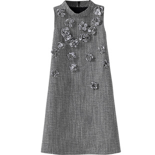 小香风毛呢背心裙 重工花朵粗花呢A字显瘦连衣裙2025秋冬新款女装