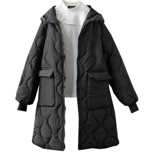 冬季大码220斤韩版中长款连帽菱形格子羽绒棉衣外套胖妹妹棉服潮