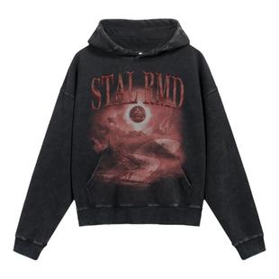 STA国潮牌腥红月光美式宽松秋冬水洗短款连帽卫衣高街重磅帽衫