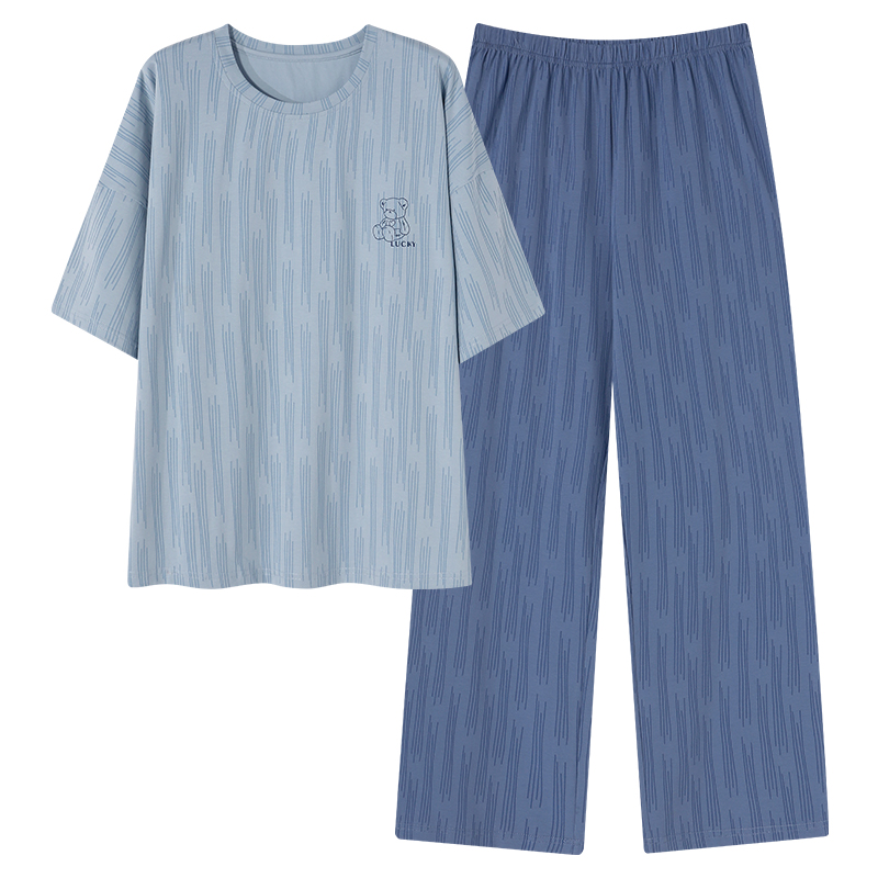宜而爽新款夏季全棉薄款睡衣女士圆领短袖长裤纯棉家居服套装夏天