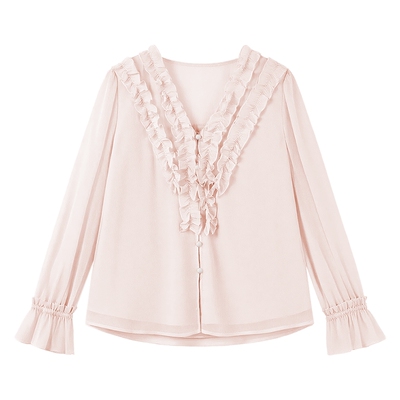 秋水伊人时尚双层木耳边v领衬衫2026年春季新款休闲单独飘带上衣