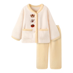 『蛋黄熊仔』可爱卡通睡衣女款冬加厚珊瑚绒可外穿家居服新款套装