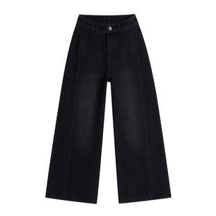 王家有鱼加绒【小个子定制】秋冬新款黑灰阔腿裤女2025爆款牛仔裤