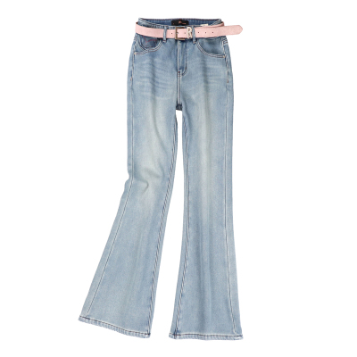 欧货冬季浅蓝色加厚绒修身微喇裤