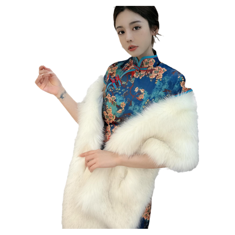 百搭狐貍毛旗袍披肩秋冬季仿皮草斗篷舞臺晚宴婚紗禮服圍巾女網(wǎng)紅
