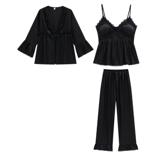 乐姿梦三件套睡衣女春秋蕾丝边性感吊带长裤冰丝带胸垫家居服夏季