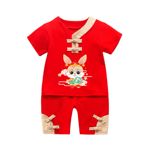 婴儿红色男宝宝一周岁礼服夏季新中式男童生日抓周宴秋季衣服套装