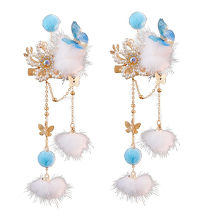 蓝色蝴蝶明制汉服头饰毛绒对夹古风可爱毛球侧边夹发夹古装配饰品