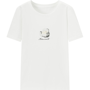 爱居兔简约宽松短袖T恤女夏季新款可爱印花正肩休闲上衣