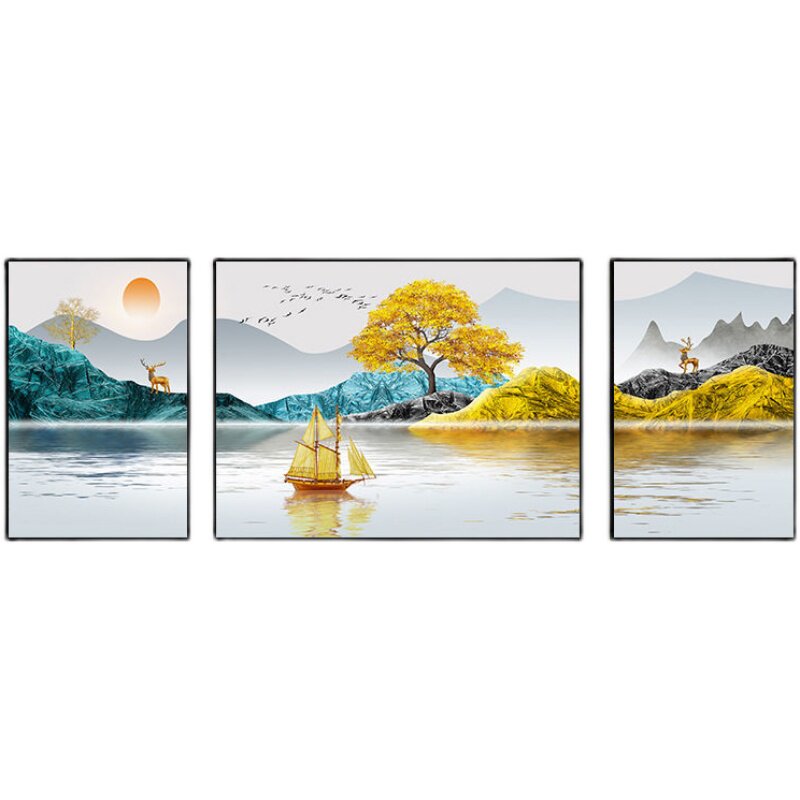 现代客厅装饰画晶瓷镶钻壁画沙发背景墙九鱼图画三联招财轻奢挂画