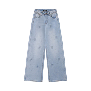 熙薇【珠星漫舞】2025冬季新款时尚重工直筒加绒牛仔裤H6571