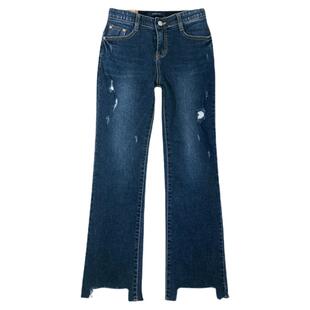 韩国howluk深蓝色棉弹牛仔布直筒显瘦九分裤牛仔裤女秋季新款