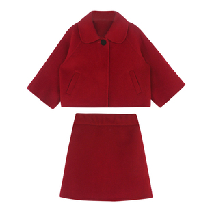 大耳象女童翻领双面呢短款大衣纯色半裙冬季新宝儿纯羊毛保暖套装