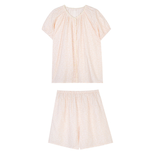 馨帮帮Homedress 法式碎花蕾丝边睡衣女夏圆领开衫短袖家居服套装