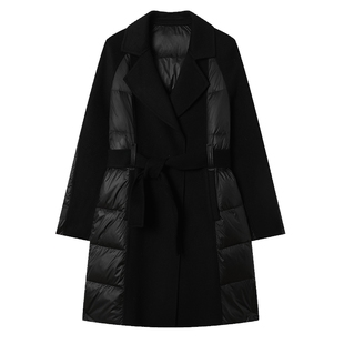 白鹿语羊毛呢子拼接羽绒服外套中长款收腰显瘦休闲大衣女