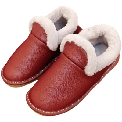 牛皮棉拖鞋加绒冬季带后跟防水
