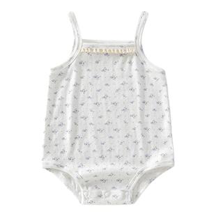 贝肽斯婴儿吊带包屁衣夏季薄款纯棉女宝宝碎花无袖背心连体衣服S