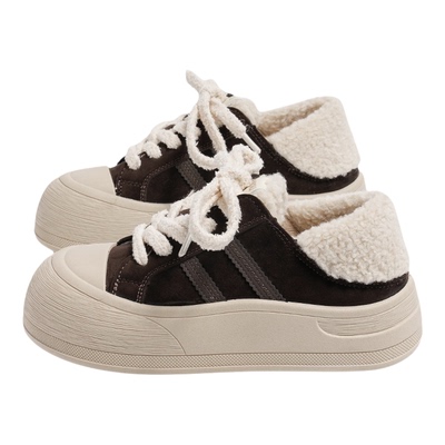 环球板鞋女鞋厚底冬季加绒保暖低帮学生系带平底棉鞋子圆头运动鞋