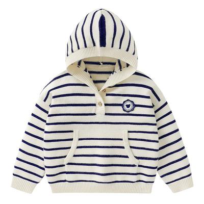 右欧男童女童连帽条纹毛衣