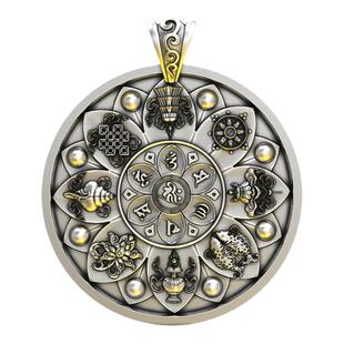 999纯银 佛八宝吊坠 佛传八宝罗盘银牌古法银传承实心项链坠男款