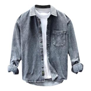 春季大码牛仔衬衫男长袖宽松高级感上衣美式复古痞帅工装衬衣外套