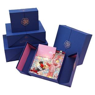 创意双开翻盖蓝色高级感礼物盒节日礼品包装盒口红香水可乐礼盒子