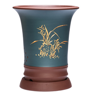 宜兴紫砂盆兰花盆圆形大口径带底座墨兰大惠兰高兰花盆陶瓷盆特价