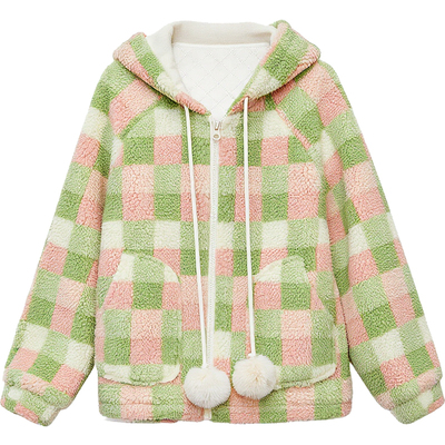 DM100大码百分百女装微胖mm冬季保暖羊羔毛撞色格纹连帽棉服外套