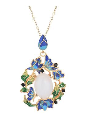 中国风古法烧蓝仿和田玉吊坠珐琅彩绘花边复古装风气质锁骨项链女