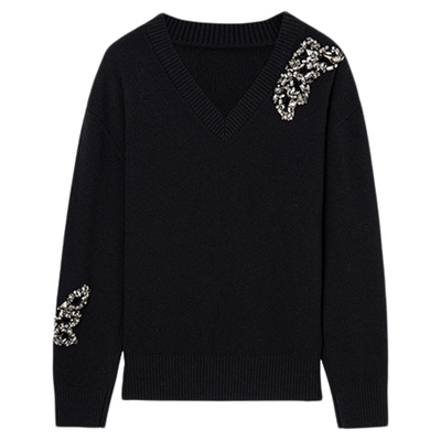 H·GENTEEL荷高2025冬新款优雅轻奢风手工钉钻V领100绵羊毛羊毛衫