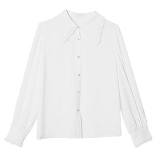 衬衣女款2025新款爆款春上衣泡泡袖拼接灯笼袖花边立领衬衣打底衫