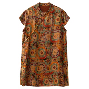 一丝牵 奥黛真丝香云纱短袖T恤上衣女100%桑蚕丝斜门襟盘扣国风夏