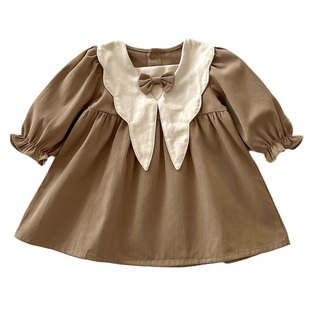 女童连衣裙春秋装韩版英伦学院风复古宝宝生日礼服蝴蝶结婴儿裙子