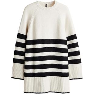 HM女装连衣裙冬季针织圆领长袖条纹短款ins风连衣裙1232506