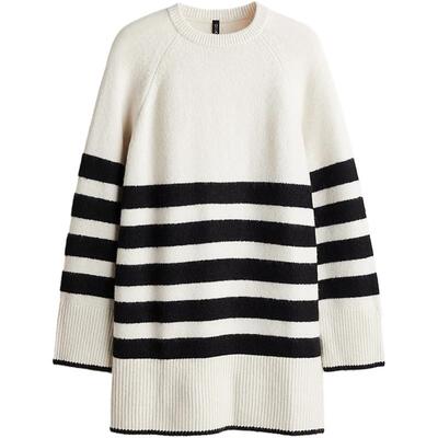 HM女装连衣裙冬季针织圆领长袖条纹短款ins风连衣裙1232506