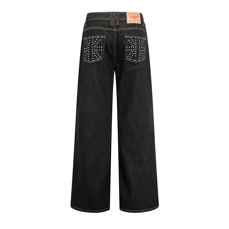 F383 美式复古辣妹低腰不规则重工钉珠牛仔裤女直筒显瘦长裤子潮