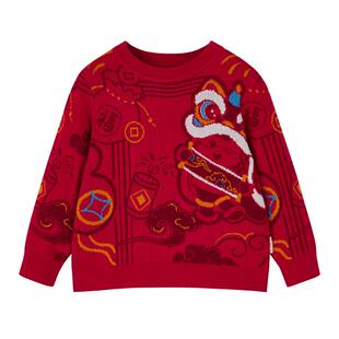 全棉时代男童毛衣冬季厚款中国风拜年服红色儿童棉线衣女童上衣