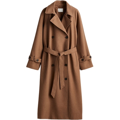 HM女装风衣秋季斜纹布收腰双排扣翻领中长款老钱风大衣1247470