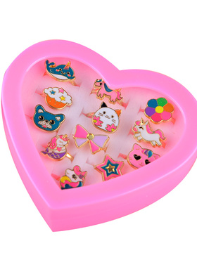 儿童戒指套装女甜美可爱钻石宝石卡通玩具戒指合金活口可调节礼物