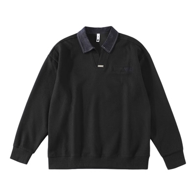 LUUD 时尚潮奢撞色牛仔布翻领POLO衫卫衣华夫格肌理休闲长袖男秋