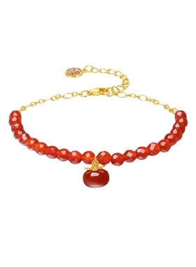 周六福S925银手链女玛瑙中国风手串手饰柿柿如意送女友圣诞礼物