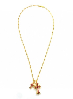 适用克罗心潮双十字架项链925银镀22K镶钻吊坠别针笑脸锁骨链跨境